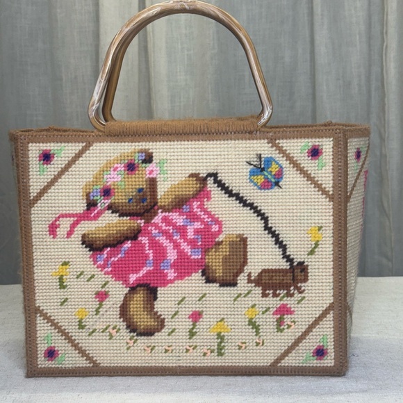 Vintage Handmade Needlepoint Teddy Bear Tote Bag “Brooke” 80s 90s - Picture 1 of 7